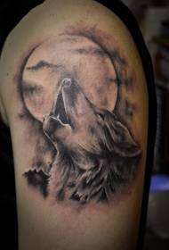 肩部棕色保鲁夫狼和月亮纹身图案