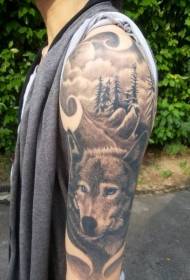 arm gray wolf with forest tattoo pattern