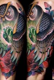 shoulder color modern style owl and flower tattoo
