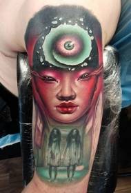 Arm mysterious horror style female with two bloody sisters tattoo pattern