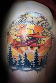 kolor ramię ilustracja styl tatuaż las i samolot