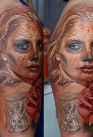 Mexico-style colored shoulder female portrait tattoo picture