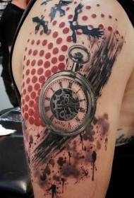 Shoulder modern style half tattoo with old mechanical tattoo pattern