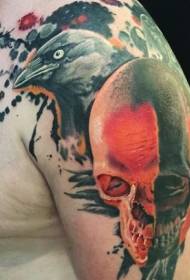 Shoulder Color Crow with Human Skull Tattoo Pattern