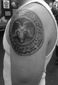 shoulder black gray stone carved wind goat ancient piece tattoo pattern