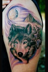 Shoulder color wolf head dead tree tattoo pattern