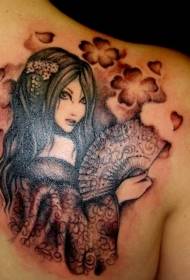 Seductive brunette Asian geisha with flower tattoo pattern