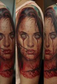 Plecu krāsas šausmu stila asiņainas sievietes portreta tetovējums
