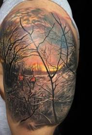 realistic style color forest tattoo pattern
