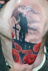 χρώμα χαρακτήρα ώμου μνημείο με λουλούδι τατουάζ