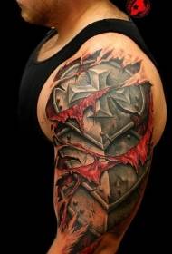 Mužské rameno 3D roztrhané kůže středověké železné brnění zbarvení tetování vzor
