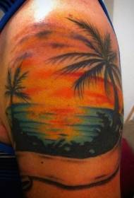 Shoulder color minimalist design romantic island shore sunset tattoo pattern