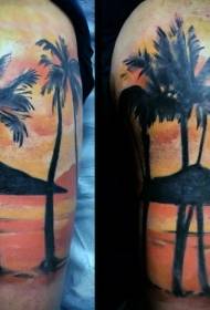 肩膀顏色海洋夕陽與棕櫚樹紋身圖片