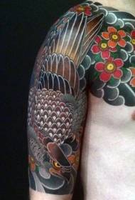 Half an Asian style multicolored flowers and eagle tattoo pattern