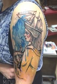Skica u obliku tetovaže na ramenu za žene s uzorkom tetovaže jedrenja