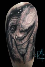 Big black sad old woman portrait with starry tattoo pattern