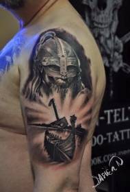 shoulder black-brown medieval warrior with boat tattoo