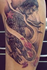 leg color sad warrior and fallen leaf tattoo pattern