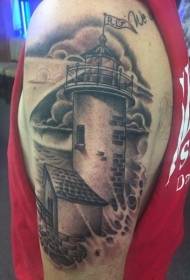 shoulder black-gray washed old stone lighthouse tattoo picture