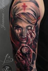 shoulder color horror style bloody nurse tattoo