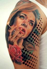 Shoulder color photo seductive smoking woman tattoo pattern