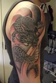 Big arm Asian style black and white fantasy dragon tattoo pattern