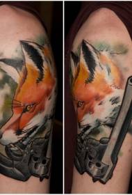shoulder modern style water color fox with pistol tattoo