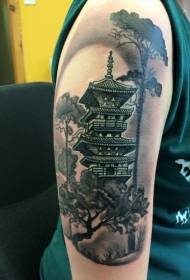 Big arm natural look of Asian house with big tree tattoo pattern