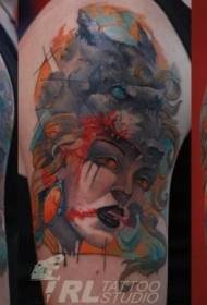 ramena akvarelni stil misteriozni ženski portretni tetovaža uzorak