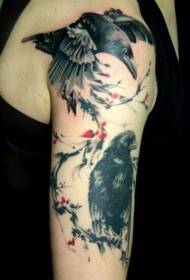 Shoulder color black crow and blooming tree tattoo pattern