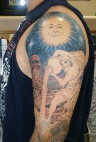 shoulder mysterious half-colored sun and Aquarius symbol tattoo