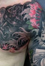 Funny Asian style painted geisha samurai helmet half armor tattoo pattern