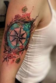 Modern traditional style colored shoulder compass tattoo picture