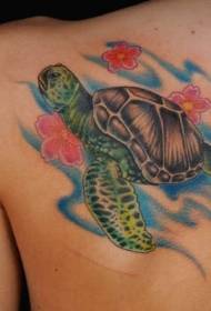 Shoulder color flower and turtle tattoo pattern