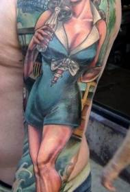 Arm Asian style colorful sexy girl tattoo pattern