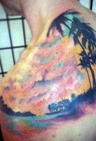 shoulder color beach and palm tree tattoo picture