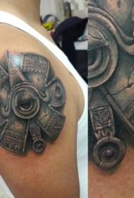 shoulder ancient like black gray Mayan statue tattoo pattern