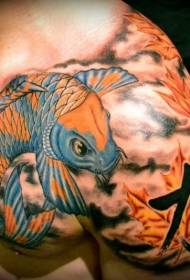 Chest Asian style colored squid with leaves Chinese tattoo pattern