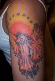 Shoulder Color Phoenix and Sun Tattoo Pattern