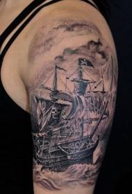 shoulder black-brown pirate sailboat tattoo pattern