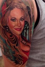 shoulder color European and American woman portrait tattoo pattern