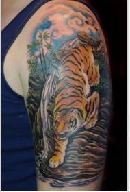 amazing color realistic tiger down the mountain tattoo pattern