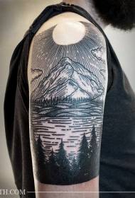 engraving style black and white shoulder mountain and lake tattoo pattern
