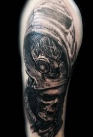 shoulder black gray man and gas mask tattoo pattern