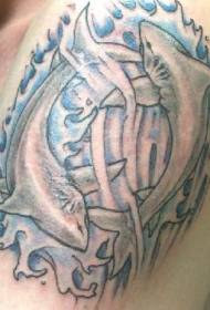male colorless shark tattoo pattern on the shoulder