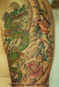 Green dragon with japanese woman tattoo pattern
