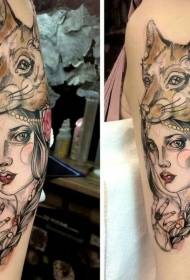 ώμου Στυλ σκίτσο πολύχρωμες φυλετικές γυναίκες με μοτίβο τατουάζ λύκων