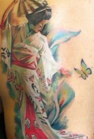 Atpakaļ Āzijas stila daudzkrāsaini geišas ziedi un tauriņa tetovējuma raksts