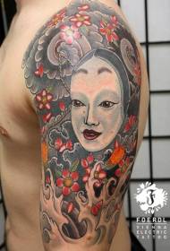 Big arm cartoon style multicolored woman mask flower tattoo pattern