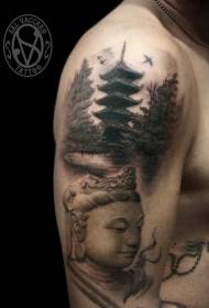 大臂亚洲主题黑白如来佛祖雕像和寺庙纹身图案